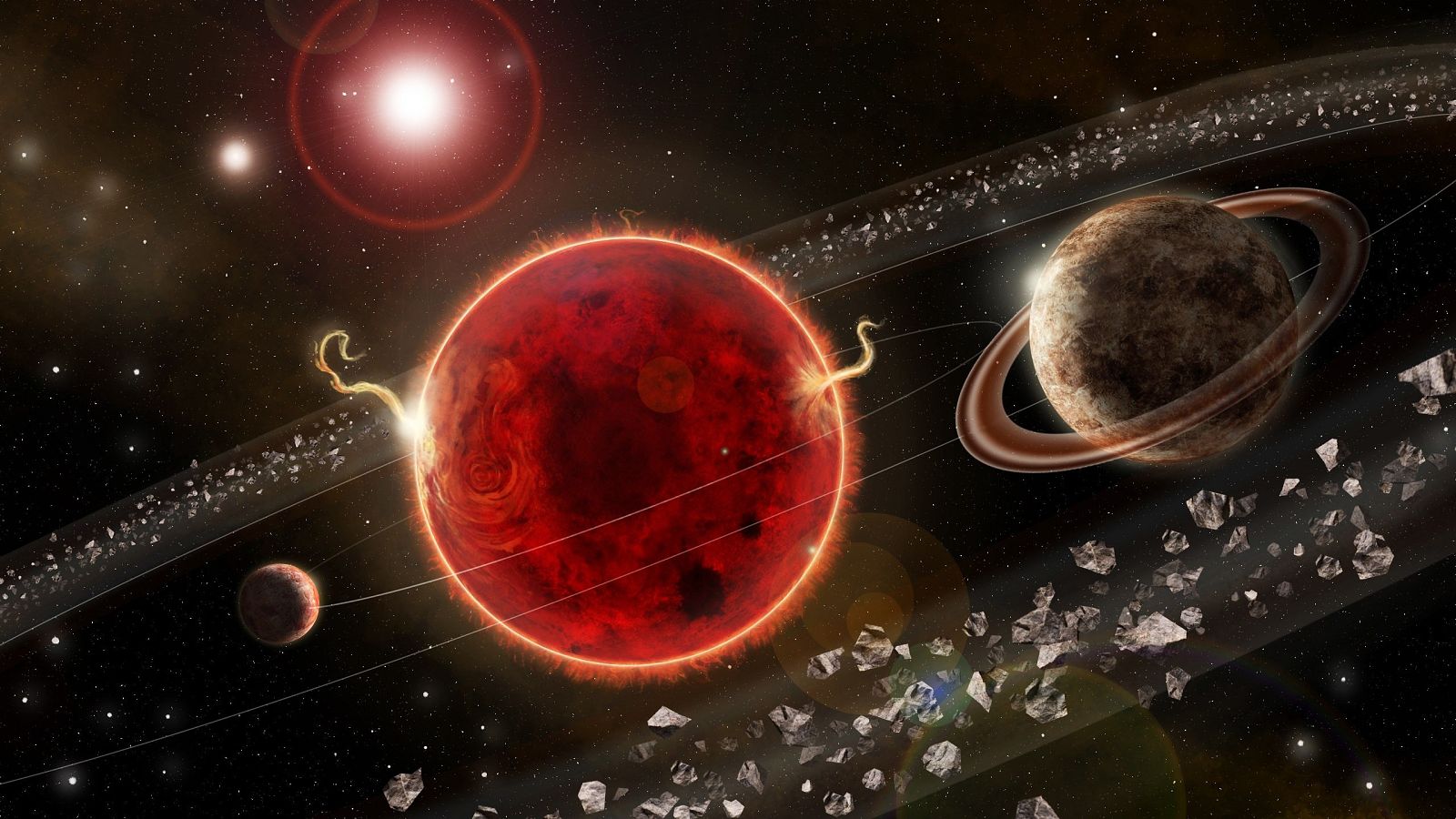Representación artística del sistema planetario Próxima Centauri, con el exoplaneta recién descubierto, Próxima c (d); y el planeta hallado en 2016, Próxima b (i).