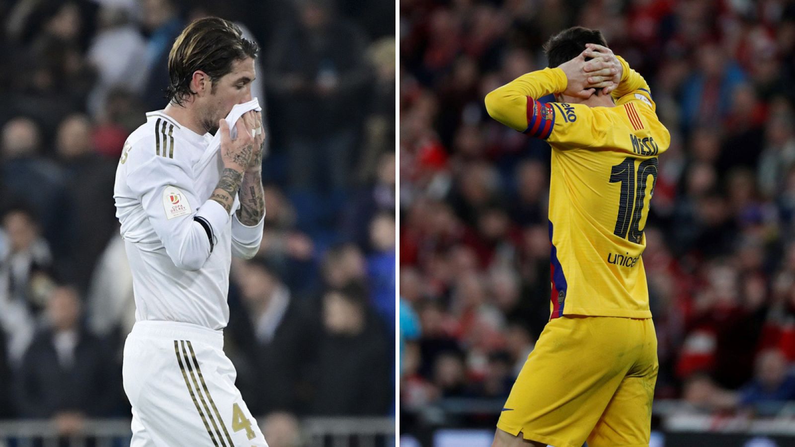 Sergio Ramos (i) y Lionel Messi (d) lamentan las eliminaciones de sus equipos en Copa del Rey