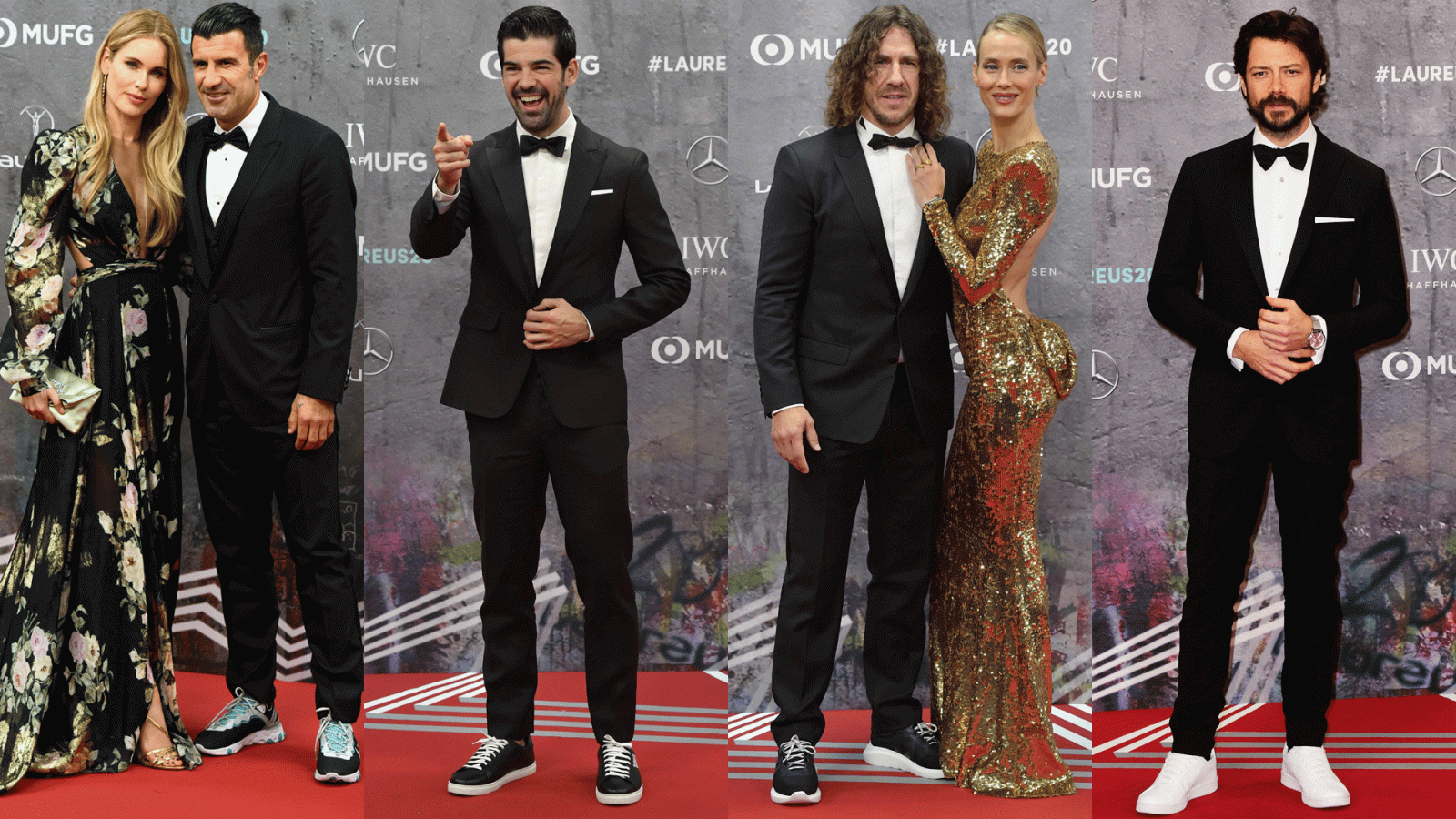 Figo y su esposa, Miguel Ángel Muñoz, Carles Puyol y Vanesa Lorenzo y Álvaro Morte en la alfombra roja de los Premios Laureus