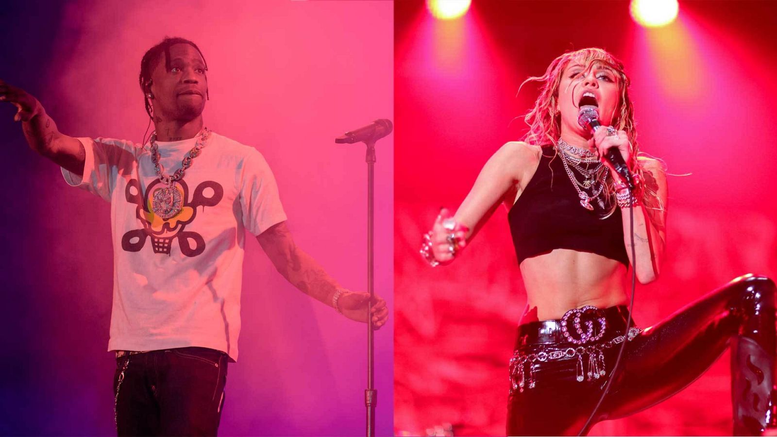 Travis Scott, cabeza de cartel de Coachella 2020, y Miley Cyrus, quien ha cancelado su próximo concierto en Australia.