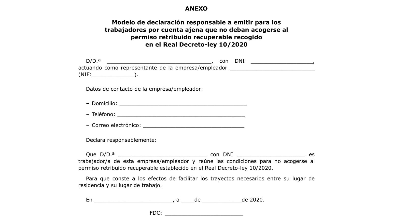 Modelo de declaración a emitir para los trabajadores por cuenta ajena que no deban acogerse al permiso retribuido recuperable