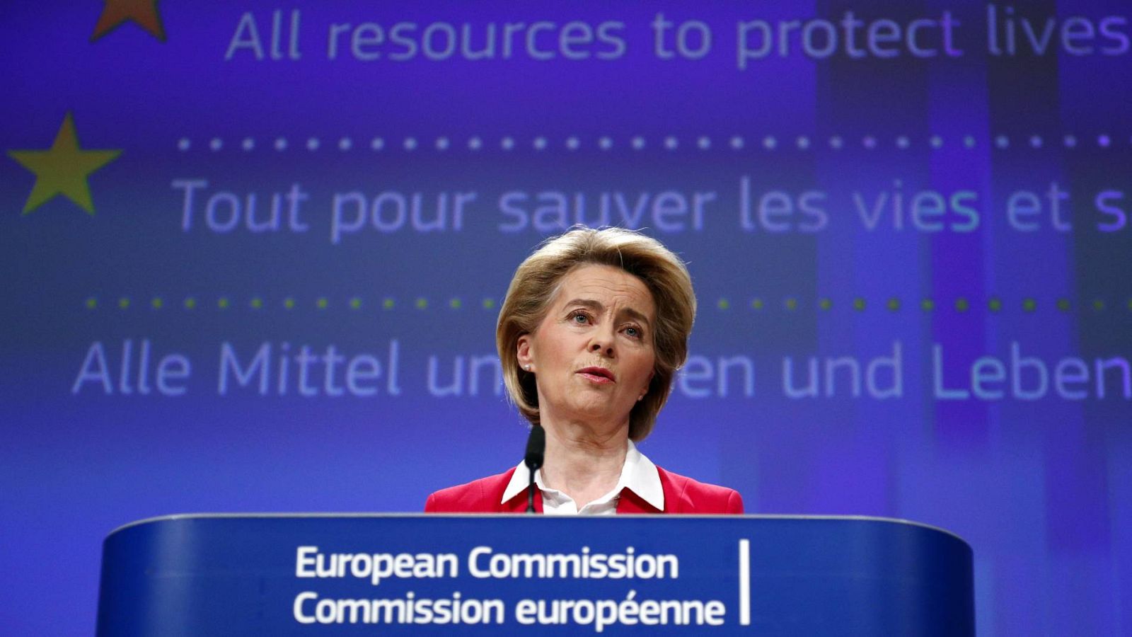 La presidenta de la Comisión Europea, Ursula von der Leyen, durante una rueda de prensa en Bruselas centrada en el coronavirus
