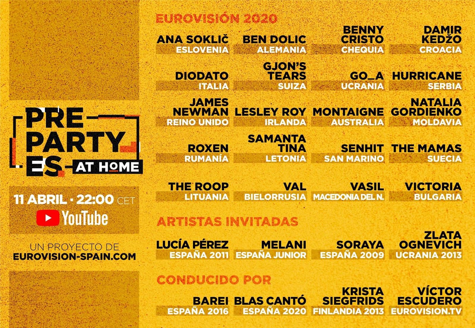 Cartel con los 20 artistas de la PrePartyEs at home.