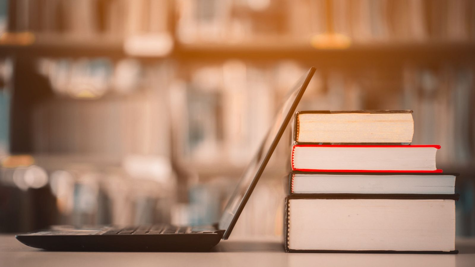 Imagen de libros junto a un ordenador