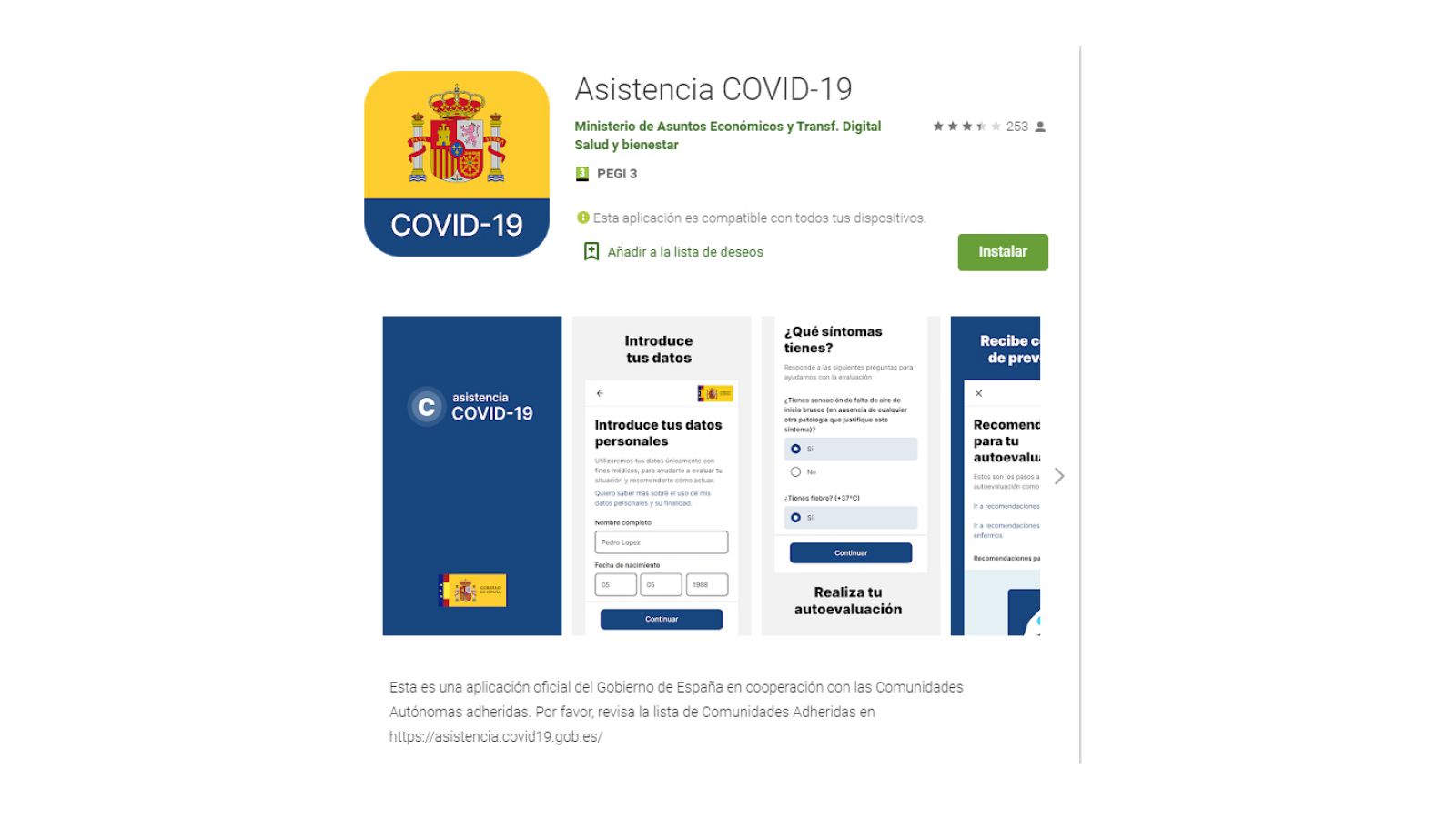 Imagen de la página de descarga de Asistencia COVID-19 en la play store