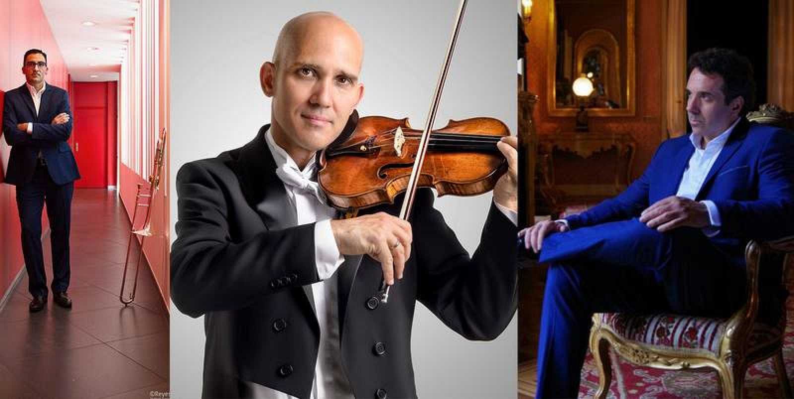 Los profesores de la Orquesta y Coro RTVE:  Ximo Vicedo, trombonista; Miguel Borrego, concertino; y Nacho Bas, tenor