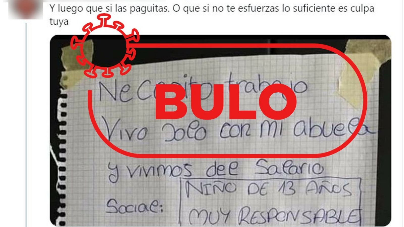 La carta del niño de 13 años que pide trabajo, porque vive del salario social con su abuela, es un bulo de 2019
