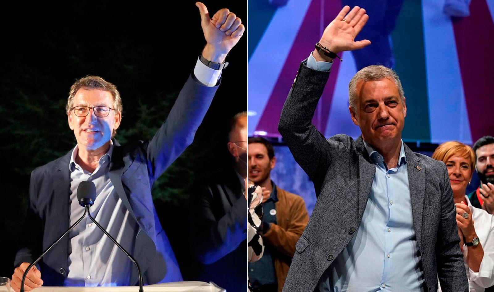 Los líderes Alberto Núñez Feijóo (PP) e Iñigo Ukullu (PNV), vencedores de las elecciones gallegas y vascas