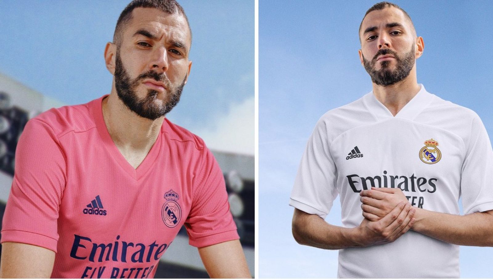 Karim Benzema posa con las nuevas equipaciones del Real Madrid