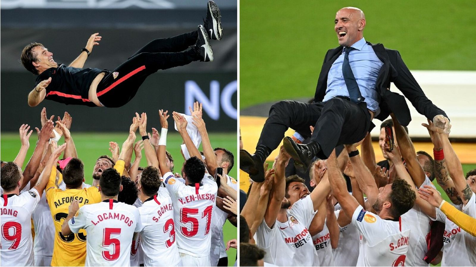 Lopetegui (i) y Monchi (d) son manteados por los jugadores del Sevilla