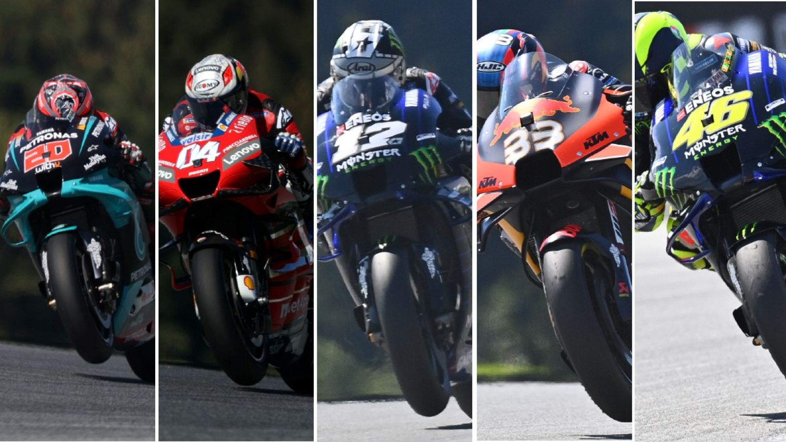 De izquierda a derecha: Quartararo, Dovizioso, Viñales, Binder y Rossi