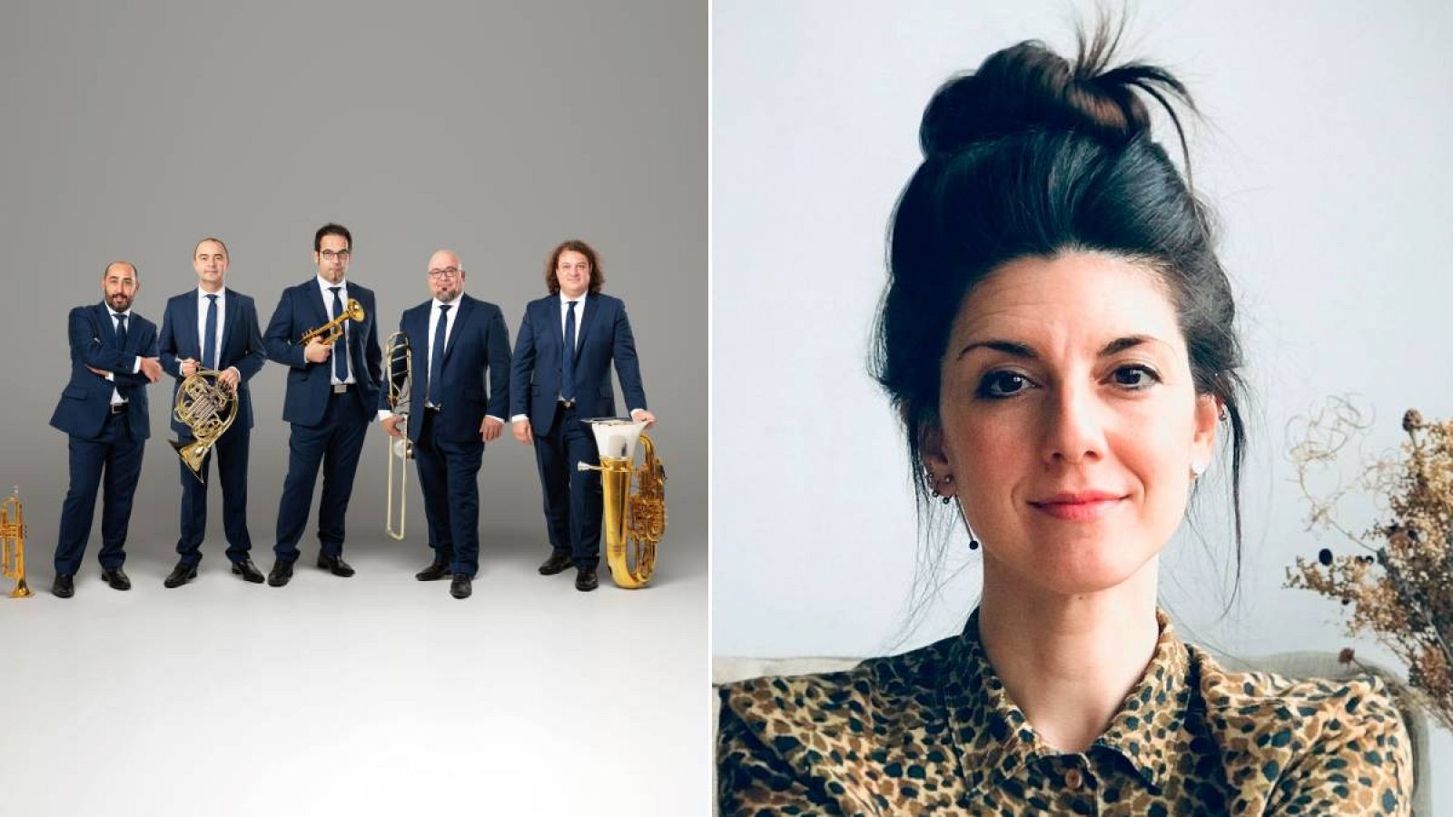 El quinteto Spanish Brass y la compositora Raquel García Tomás.