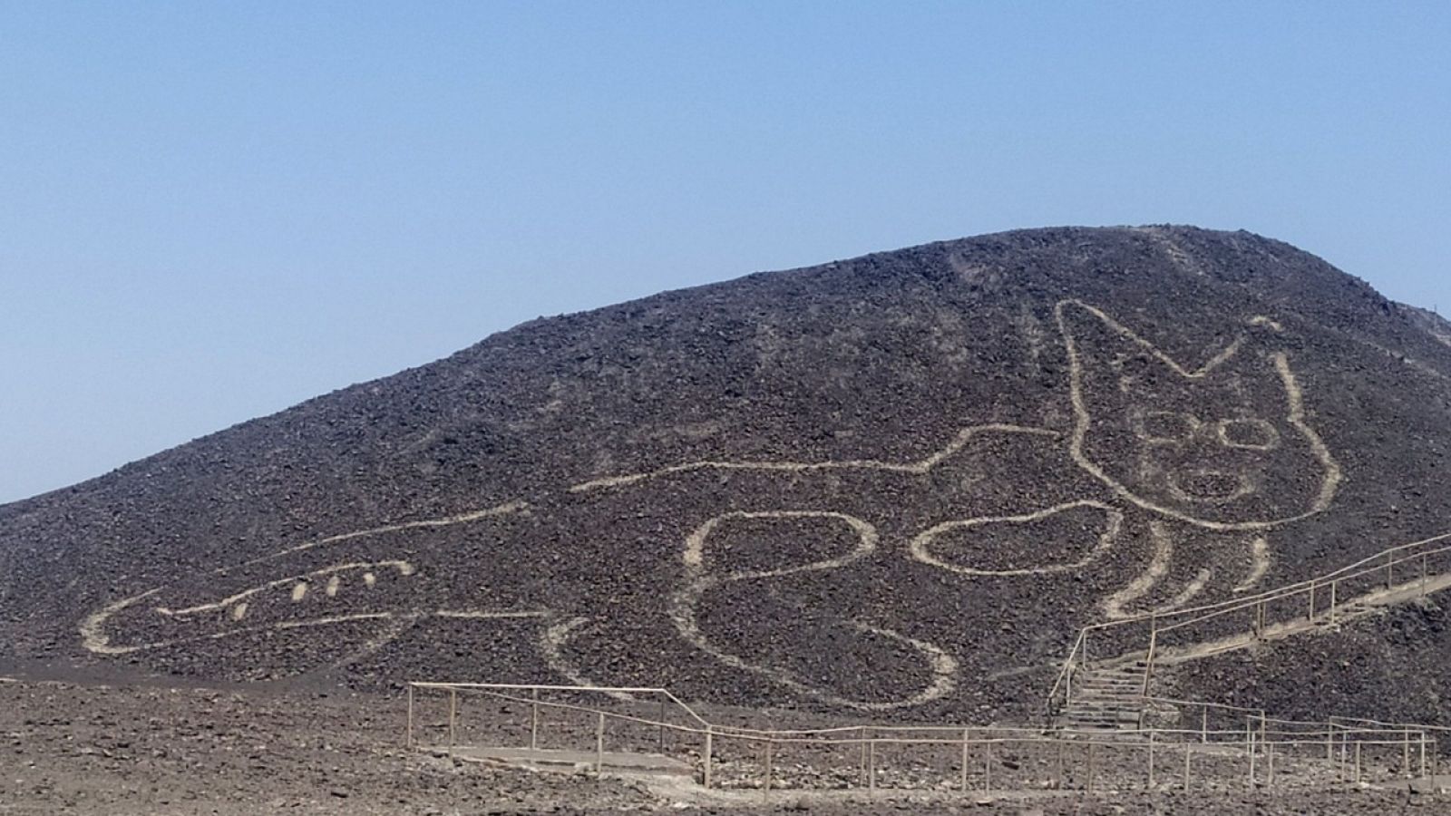 Fotografía de la figura de un gato de unos 37 metros de largo reposando sobre una colina arenosa en la Pampa de Nazca.