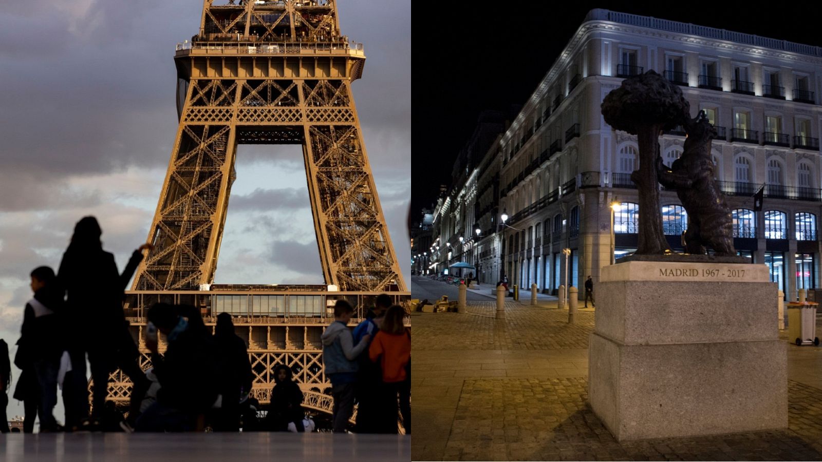 Vista de la Torre Eiffel en Madrid y del tradicional oso y el madroño en la Puerta del Sol de Madrid