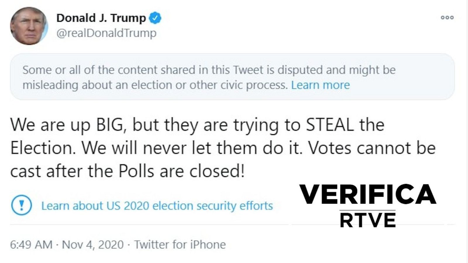 Tuit desinformativo de Trump durante la noche electoral.