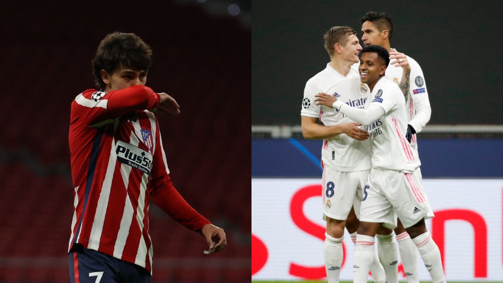 El jugador del Atlético de Madrid, Joao Félix (i) y varios jugadores del Real Madrid celebrando un tanto ante el Inter