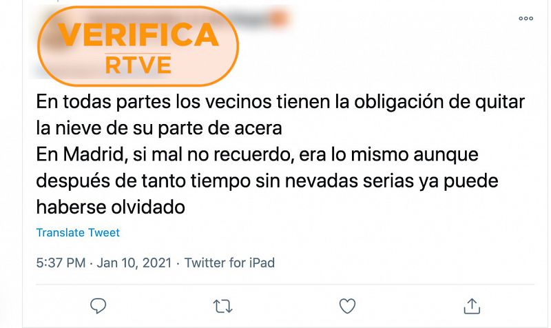 No es obligatorio que los ciudadanos retiren la nieve de las calles en Madrid