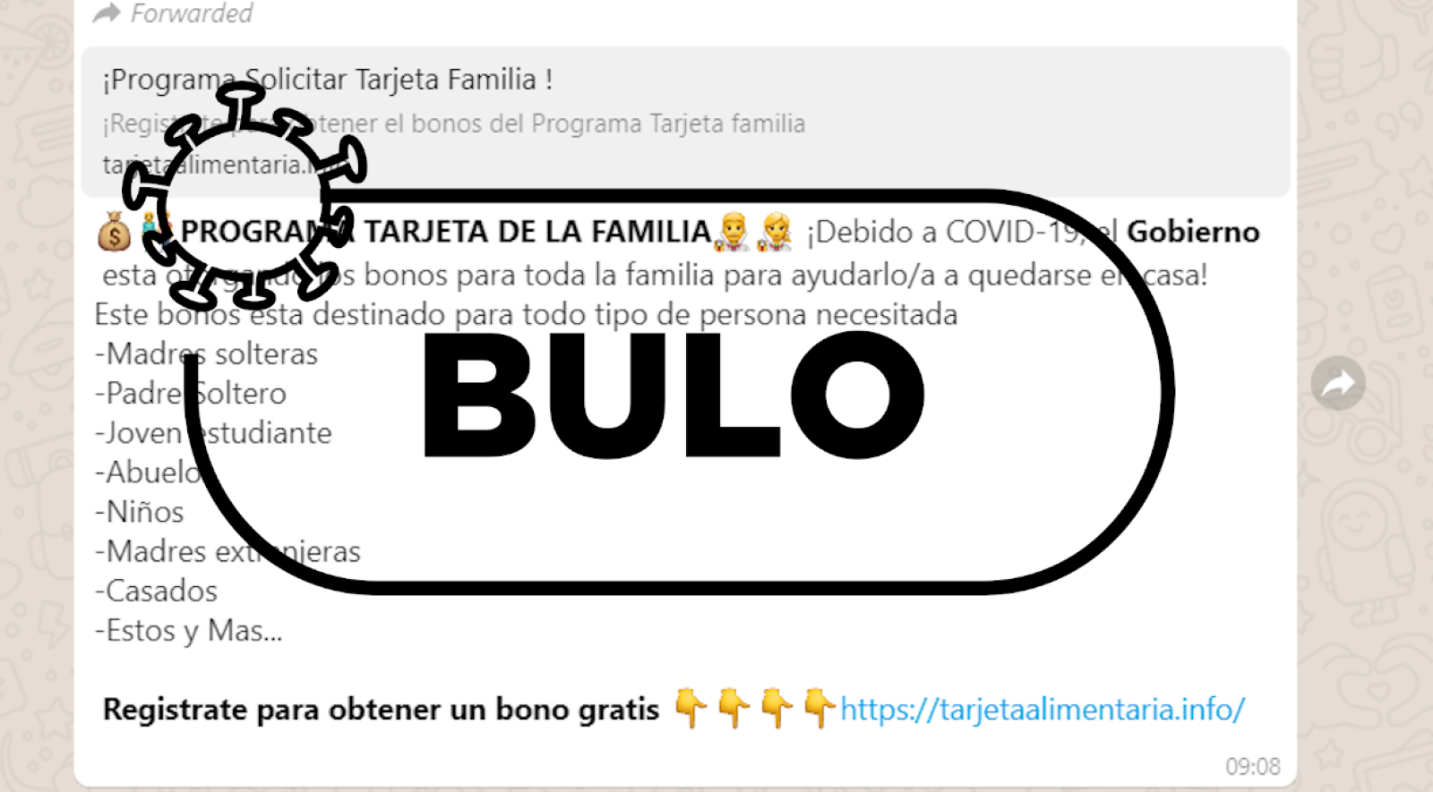 Captura del mensaje de Whatsapp que invita a registrarte para una tarjeta de familia