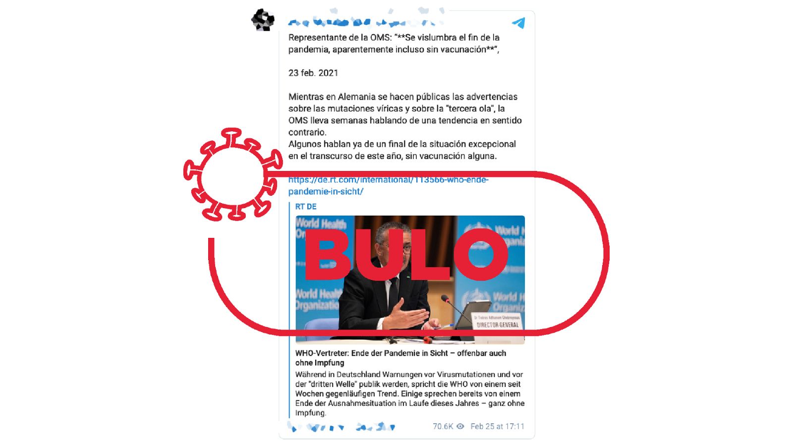 Captura del bulo con declaraciones falsas de la OMS sobre el fin de la pandemia sin vacunas