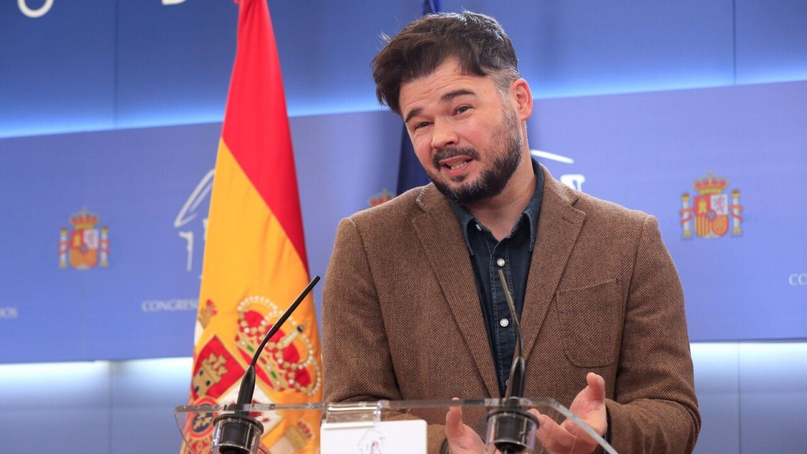 El diputado de ERC Gabriel Rufián durante la rueda de prensa ofrecida este martes en el Congreso.