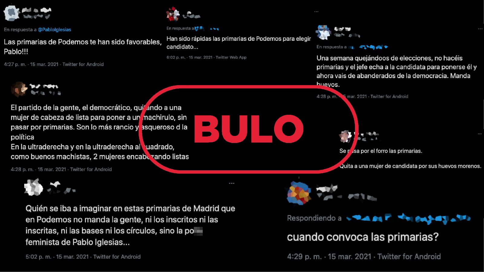 Diversos tuits que criticaban la inexistencia de primarias en Podemos para las próximas elecciones de Madrid