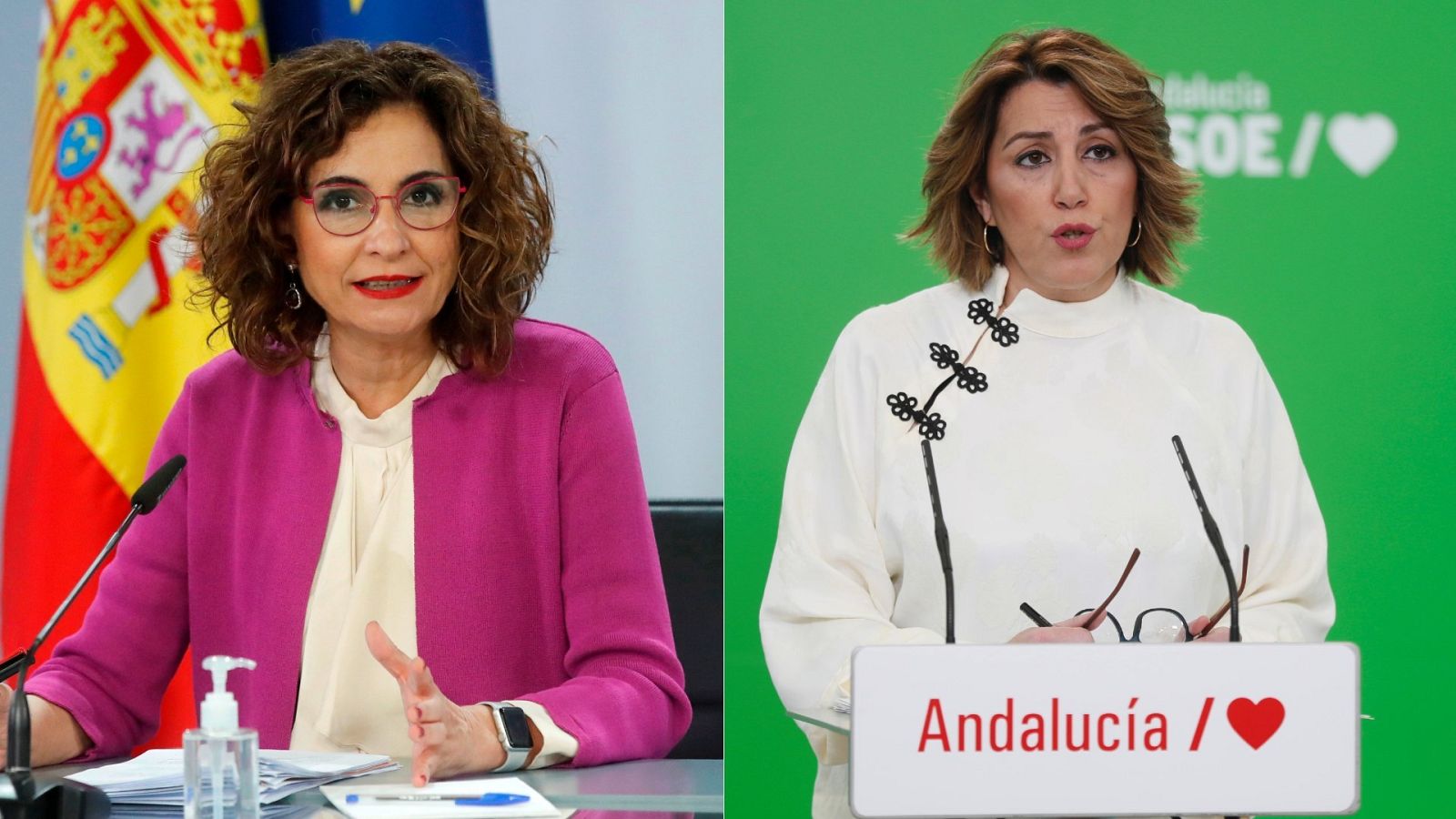 La ministra María Jesús Montero (i) y la expresidenta de la Junta Susana Díaz (d)