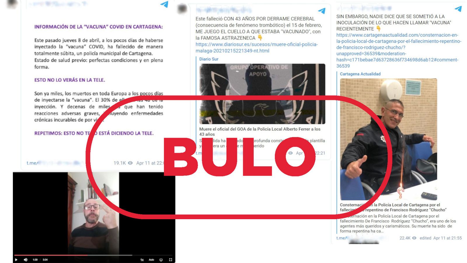 Imagen de los mensajes que muestran el bulo de que dos policías han muerto por AstraZeneca