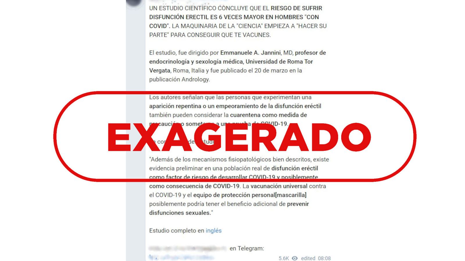 Mensaje de Telegram que dice que hay seis veces más riesgo de padecer disfunción eréctil con la COVID-19