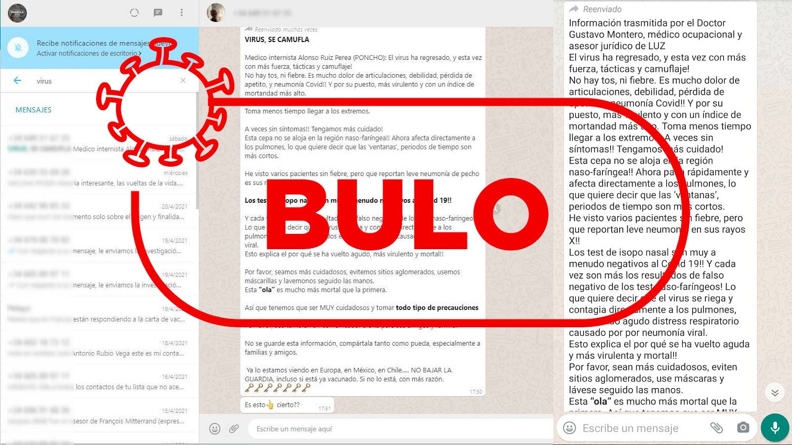 Los doctores Alonso Ruiz y Gustavo Moreno no han declarado que el coronavirus regrese sin tos ni fiebre y con un "índice de mortandad más alto".