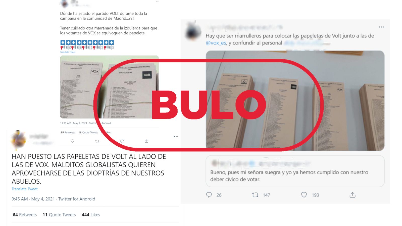 Imagen de tuits que reproducen el bulo sobre el orden de las papeletas el 4M