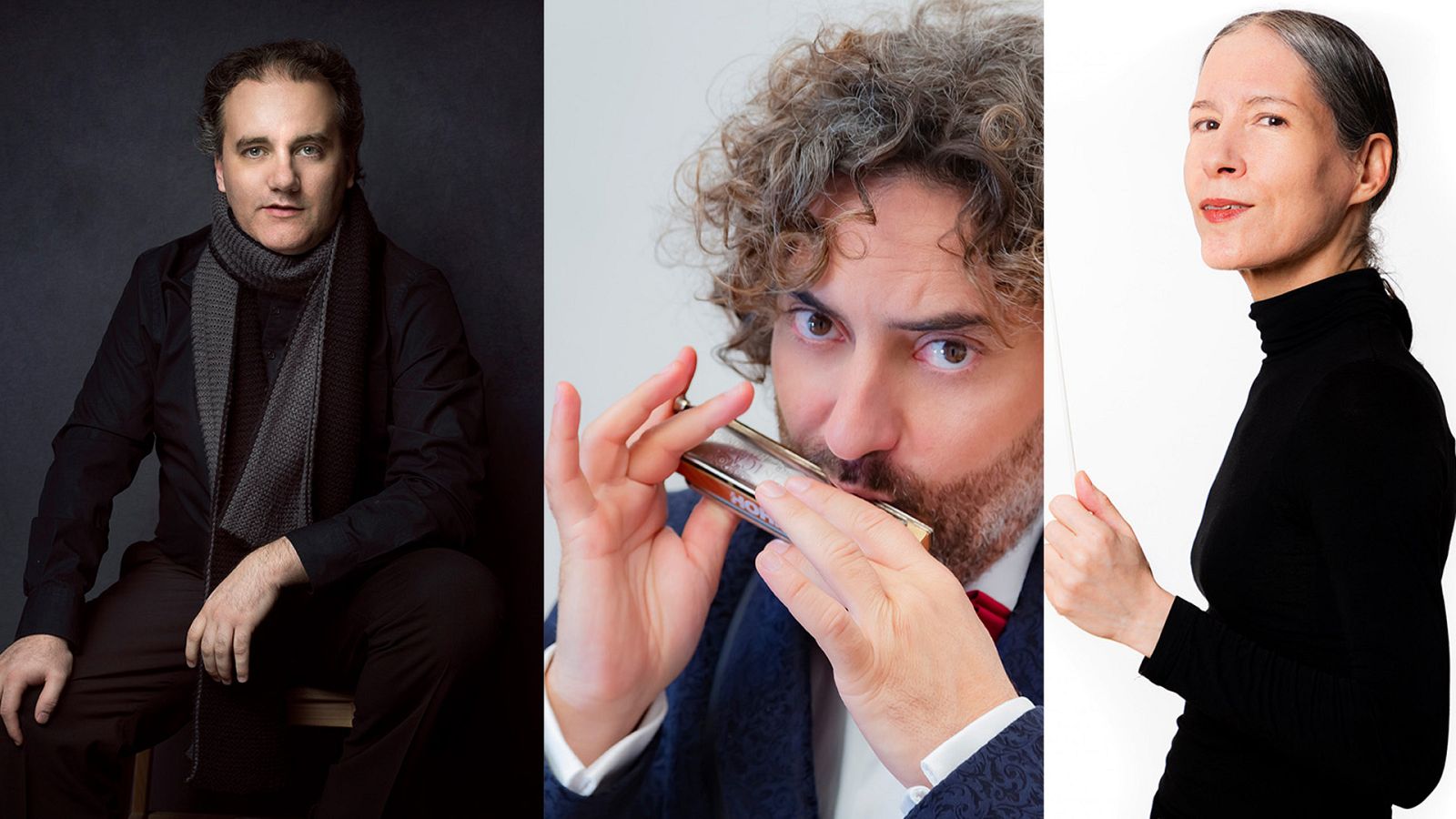 El pianista Josu de Solaun, el armonicista Antonio Serrano y la directora de orquesta Gloria Isabel Ramos