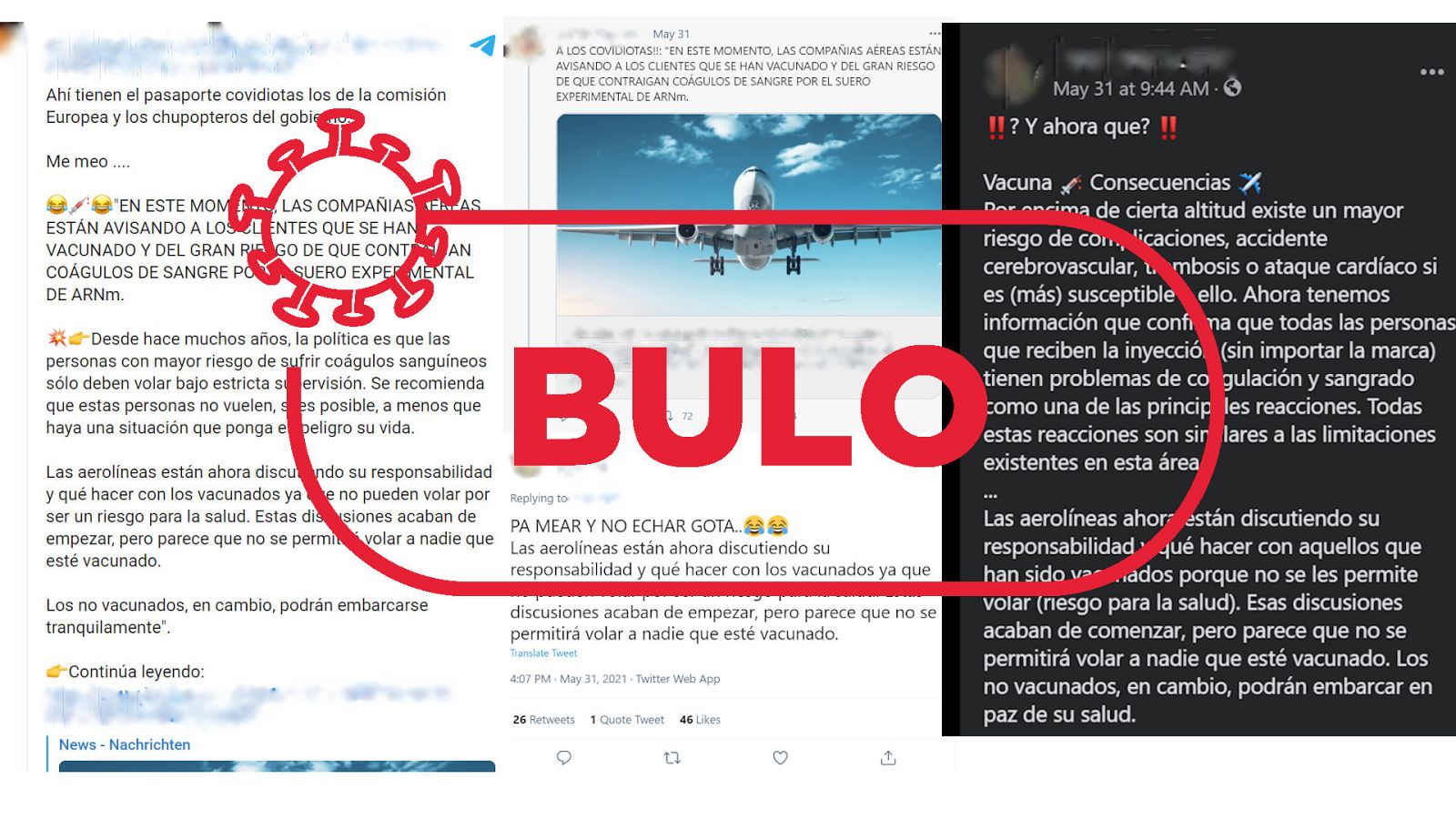 Mensajes que dicen que los vacunados contra la COVID-19 no podrán viajar en avión