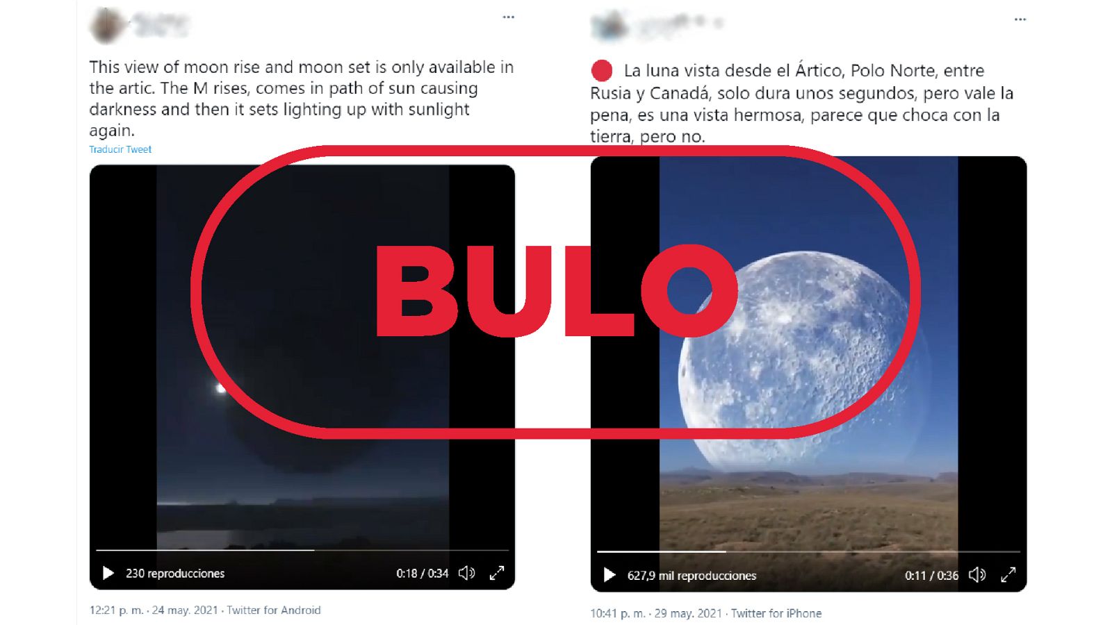Dos mensajes de Twitter con el vídeo falso de la Luna acercándose a la Tierra