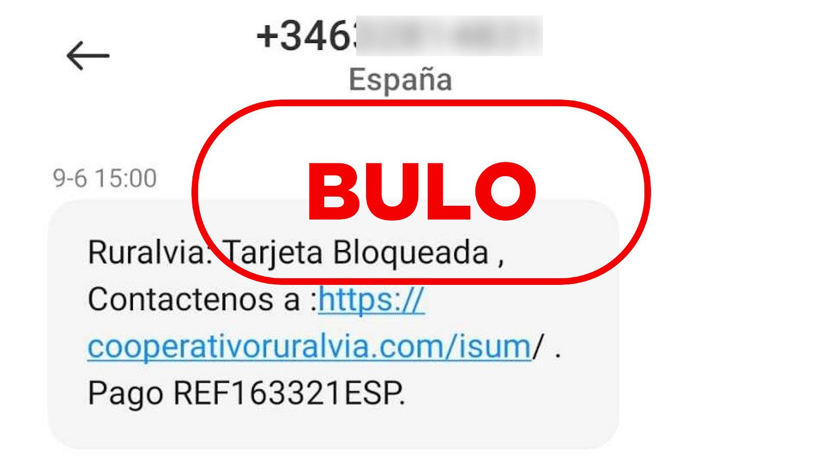 Un mensaje de móvil anuncia que han bloqueado tu tarjeta de Ruralvía. Es un "smishing" con un enlace para robarte tus datos bancarios.