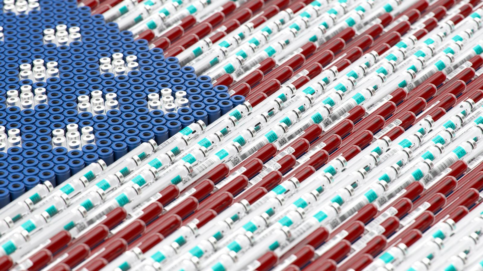 Bandera de EE.UU. formada con viales de la vacuna y muestras sangre