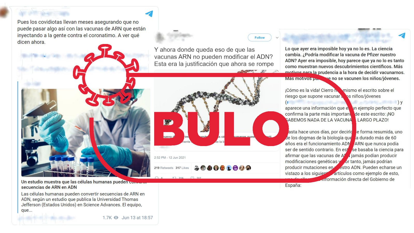 Imágenes que reproducen el bulo de que un estudio científico confirma que las vacunas contra la COVID cambian el ADN