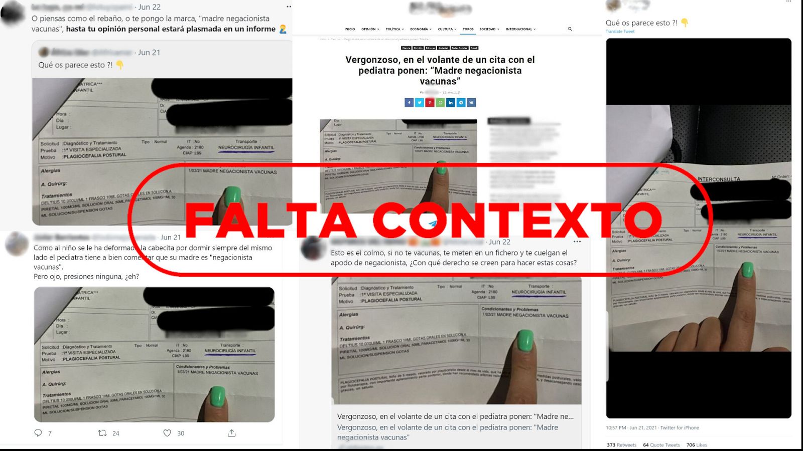 Mensajes de redes y un artículo de Internet sobre el parte que menciona a una madre negacionista vacunas
