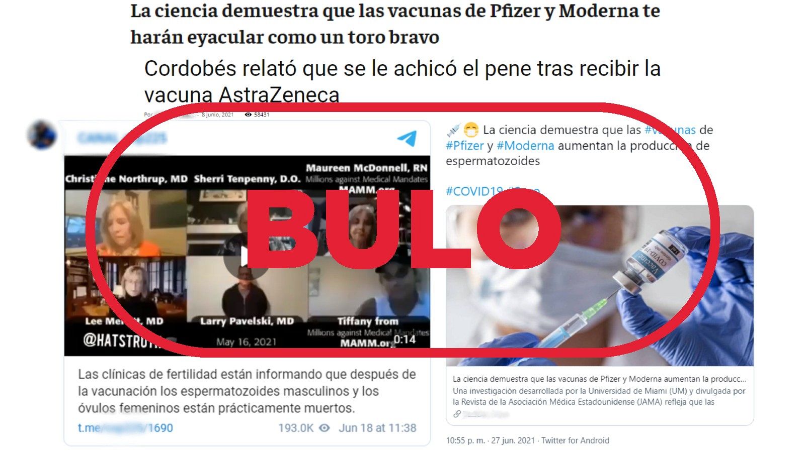 Distintas publicaciones que reproducen bulos sobre la relación del pene y la vacuna de la COVID-19