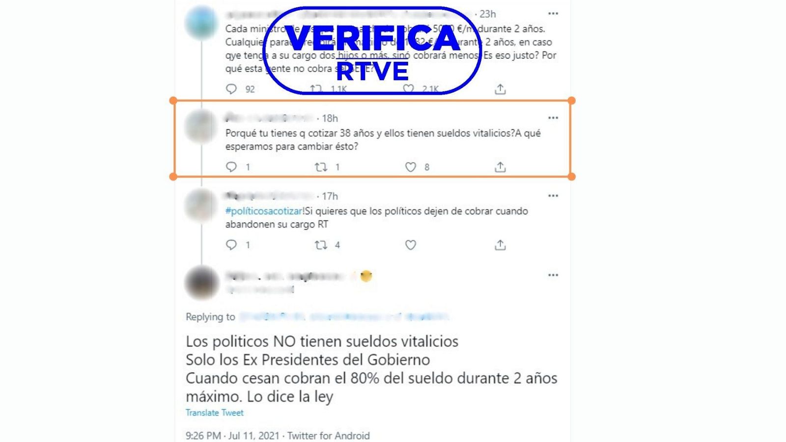 Mensajes de Twitter de reproducen el bulo de que los altos cargos tienen sueldos vitalicios