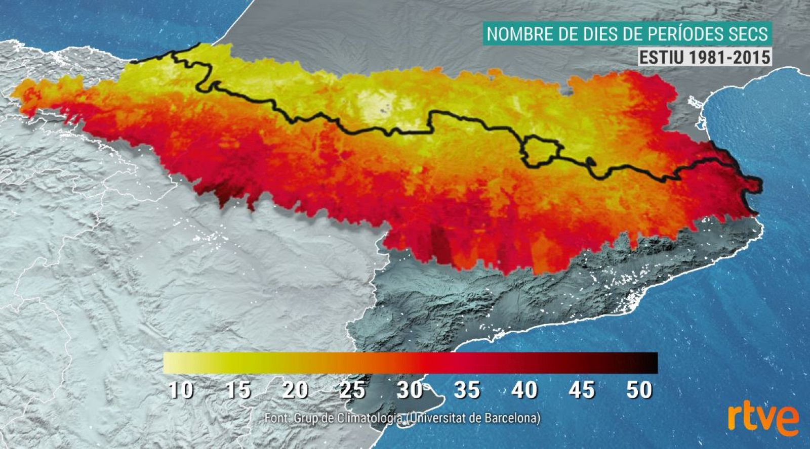 Nombre de dies de períodes secs a l'estiu (1981-2015) Font: Grup de Climatologia (Universitat de Barcelona)