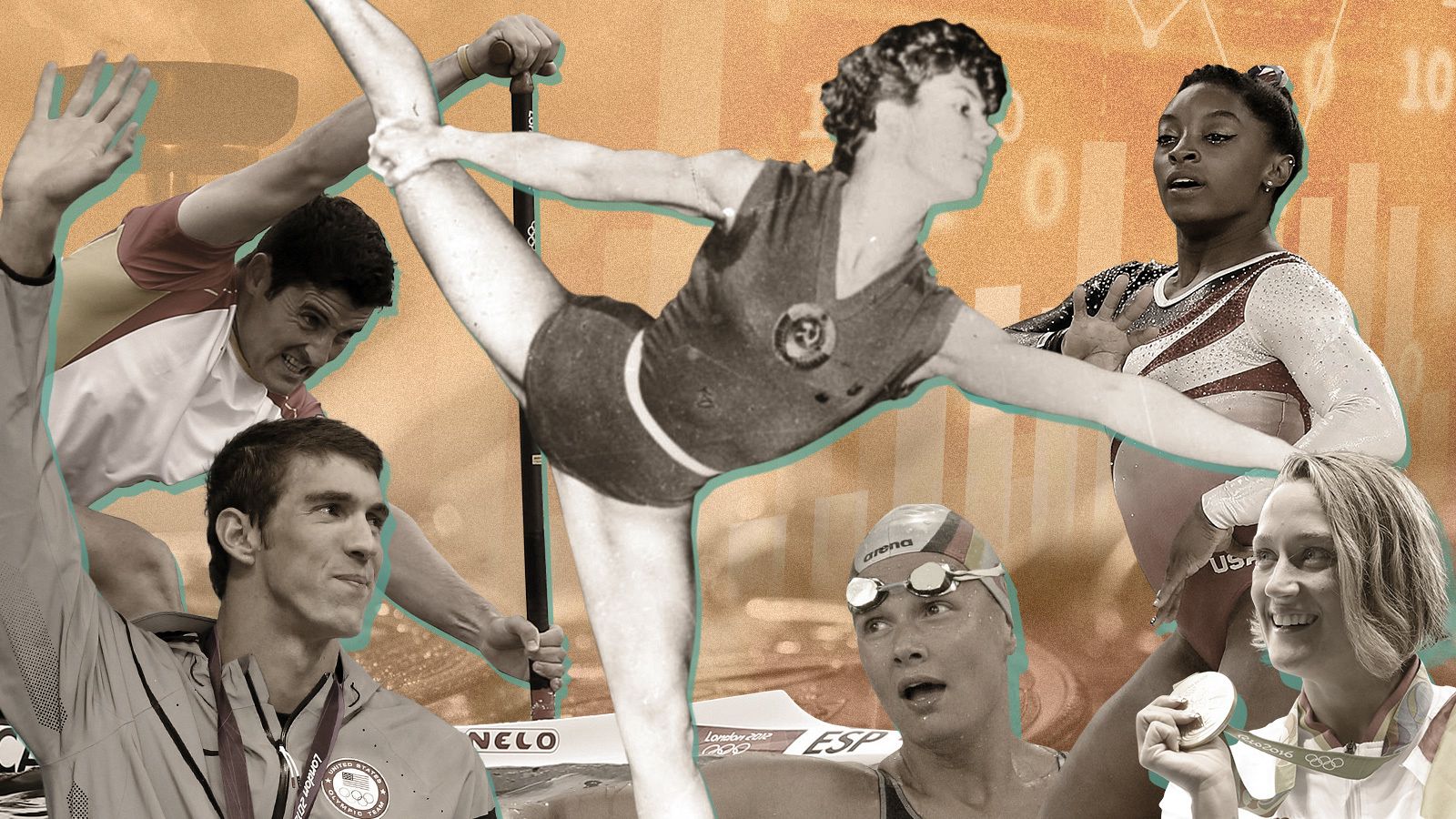 Agunos de los princpales medallistas del mundo y de España en la historia olímpica: de izquierda de derecha: David Cal, Michael Phelps, Larisa Latynina, Francisca von Almsick, Simone Biles y Mireia Belmonte