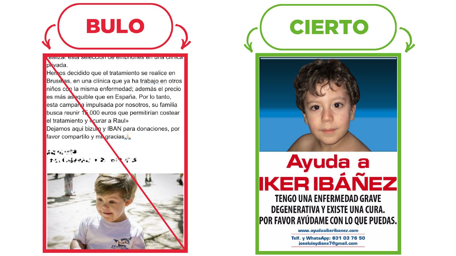 A la izquierda, el mensaje que sobre el falso caso de Raúl. A la derecha, el caso real del niño Iker Ibáñez