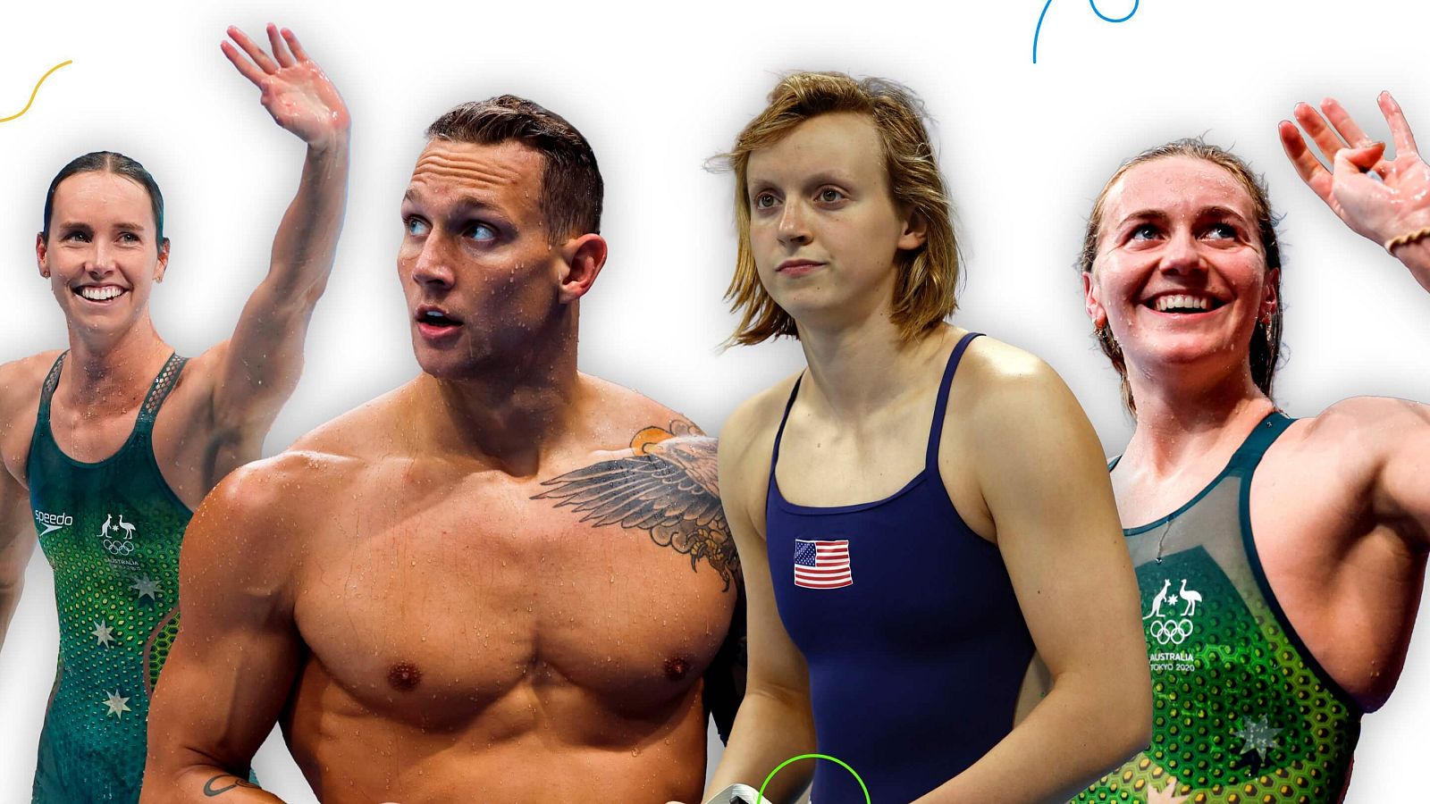 Las estrellas de la natación en Tokyo 2020: de izquierda a derecha, Emma McKeon, Caeleb Dressel, Katie Ledecky y Ariarne Titmus