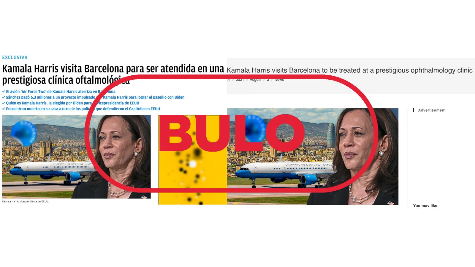 Publicaciones que afirman que Kamala Harris había ido a Barcelona en el Air Force Two. Son un bulo.