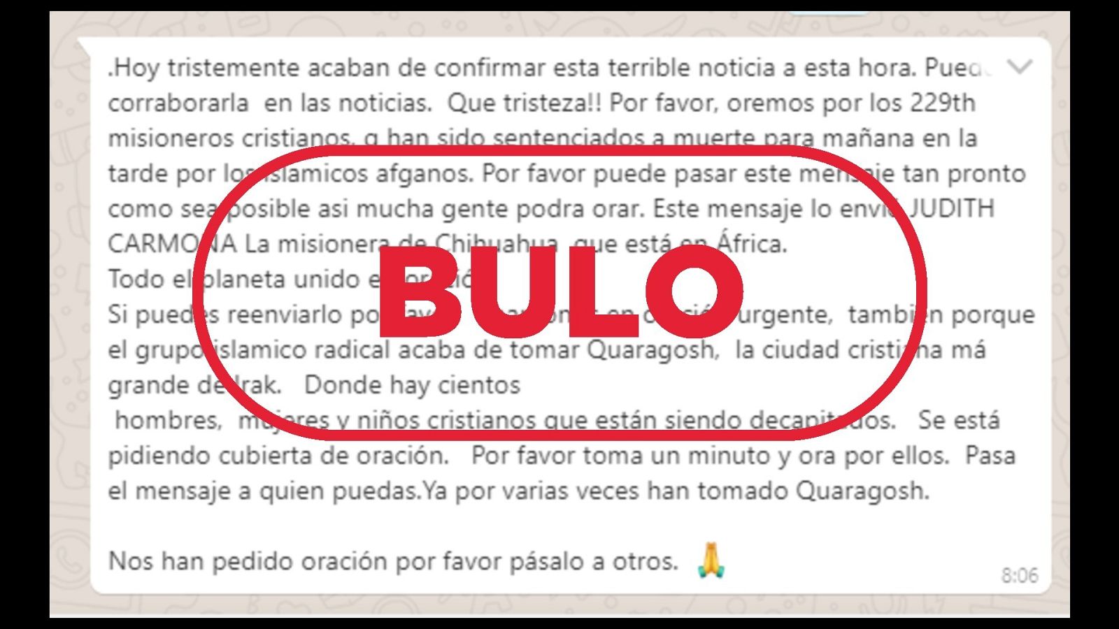 Mensaje sobre la falsa sentencia de muerte a 229 misioneros cristianos en Afganistán