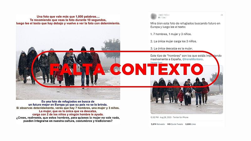 Inmigrantes en la nieve con mujer descalza cargando niños: una imagen antigua y tergiversada