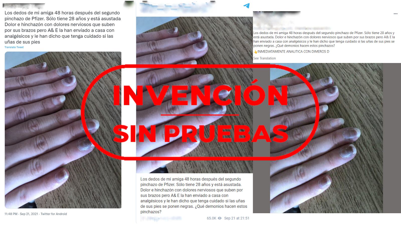 Tres mensajes de redes con la imagen de las uñas moradas