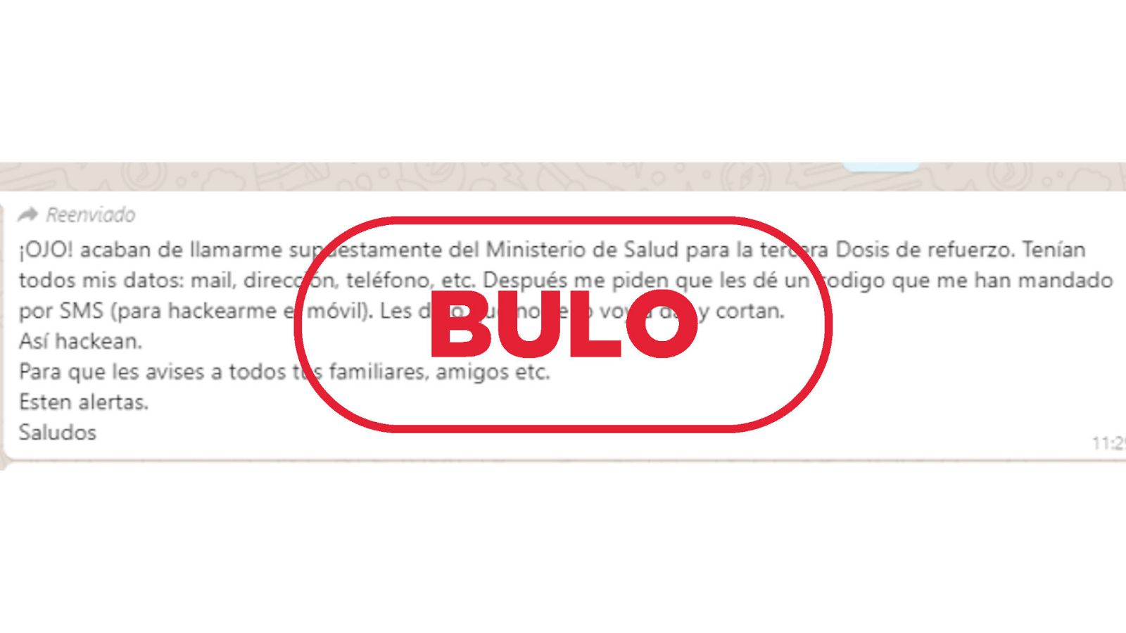 Mensaje que reproduce el bulo de que el Ministerio de Salud está llamando para la tercera dosis de la vacuna