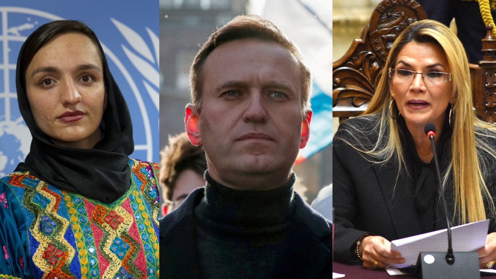 De izquierda a derecha: la activista y política afgana Zarifa Ghafari, el líder opositor ruso Alexéi Navalny y la expresidenta interina de Bolivia, Jeanine Áñez, finalistas al premio Sájarov