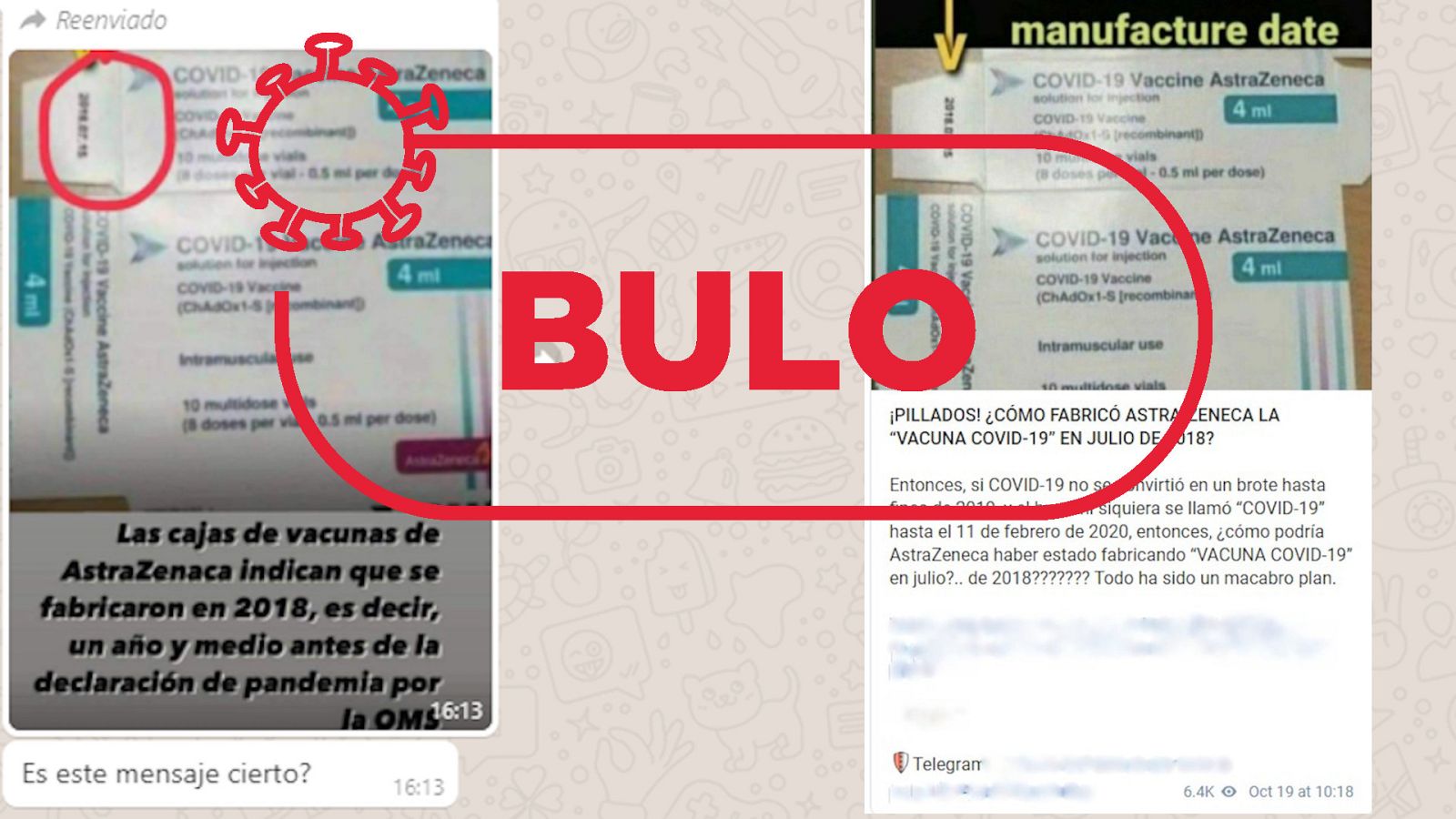 Dos mensajes con la imagen manipulada de una caja de la vacuna de AstraZeneca